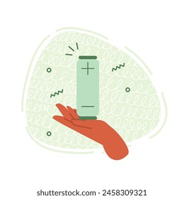 Vector illustration in flat style with a hand holding a lithium battery. Flat illustration on the theme of environmental protection and clean energy production.