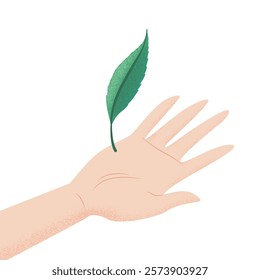 Vector illustration in flat style with hand and green leaf isolated on white background. Concept design of world ecology, nature caring, eco friendly, sustainability, environmental protection