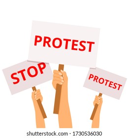 
Vector illustration in flat style. Hands of protesting people holding signs with slogans. Protest, rally.