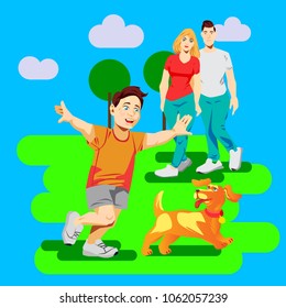 Vector illustration in flat style with happy family play with dog in the park
