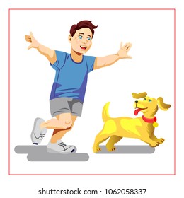 Vector illustration in flat style with happy family play with dog on white isolated background
