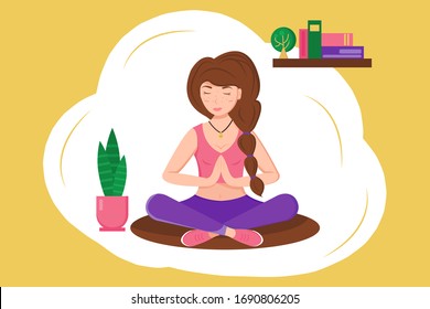 Vector illustration in flat style. Happy woman with freckles. Doing yoga, keeps balance. Girl is protected