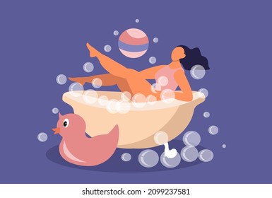 vector illustration in flat style. happy young woman takes a bubble bath. next to her a rubber duck