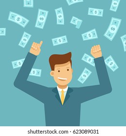 Vector illustration in flat style - happy man winning money lottery - dollar rain falling on lucky guy - business success concept