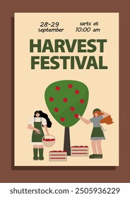 Ilustración vectorial en estilo plano del cartel del festival de la cosecha con dos mujeres jóvenes que recogen manzanas del árbol. Para promover eventos de otoño, festivales de temporada y celebraciones agrícolas locales.