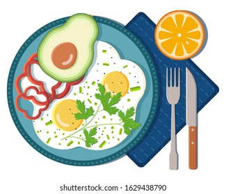 vector Illustration in flat style with healthy breakfast. Isolated plate with fried eggs, avocado, red pepper, orange, fork and knife on white backdrop, concept of nourishing food for family dinner