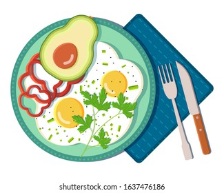 vector Illustration in flat style of healthy lunch with fresh herbs, red pepper, avocado and fried eggs. Isolated picture of dish with meal on white backdrop with cutlery. Concept of keto breakfast 
