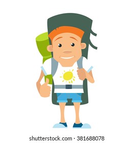 Vector illustration in flat style. Hitchhiker and tourist. Young man hitchhiker tourist with large backpack. Hitchhiker and traveler shows gesture hitchhiking. ?haracter is a traveler with a big bag