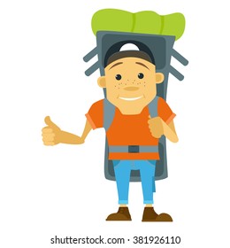 Vector illustration in flat style. Hitchhiker and tourist. Young man hitchhiker tourist with large backpack. Hitchhiker and traveler shows gesture hitchhiking