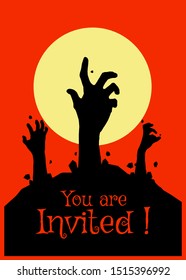 Vector illustration, Flat Style, Horror halloween backgroud, silhouette of zombie hands come out of the ground or the cemetery on top there is a full moon, can use for card, poster, banner, invitation