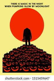 Vector illustration, Flat Style, Horror halloween backgroud, the figure of a headless monster silhouette standing  standing on a pile of scary-faced pumpkins jack o lantern at full moon