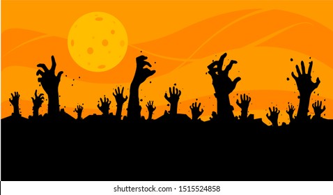 Vector illustration, Flat Style, Horror halloween backgroud, silhouette of zombie hands come out of the ground or the cemetery on top there is a full moon, can use for card, poster, banner, invitation