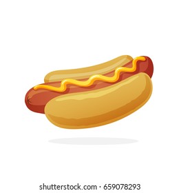 Vector illustration in flat style. Hot dog with mustard. Sausage in a bun. Unhealthy food. Sticker in cartoon style with contour. For patches, prints for clothes, badges, posters, emblems, menus