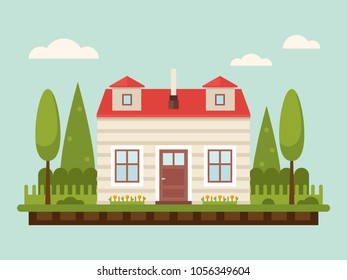 Vector illustration in a flat style. A house with a red roof.