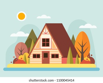 Vector illustration in a flat style. A house in the autumn forest.