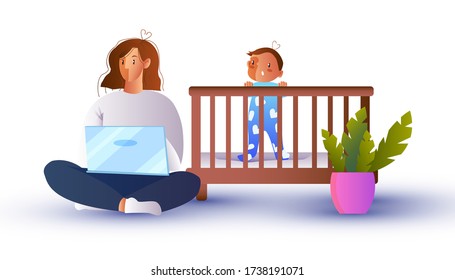 Vector illustration in flat style with house plant, freelancer, baby in cradle. Home office concept with young woman working online, laptop and her child. Single mother looking for job during crisis