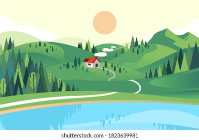 vector illustration in flat style of house in the hill with lake and forest near. beautiful landscape illustration. used for poster, banner web image