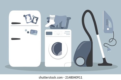 vector illustration in flat style - household appliances - refrigerator, iron, washing machine and vacuum cleaner