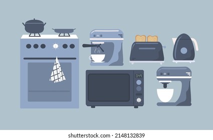 vector illustration in flat style - household appliances - 
cooker, coffee machine, microwave, toaster, kettle, mixer