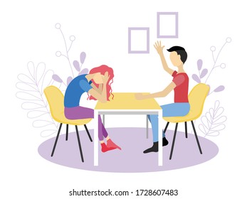 Vector illustration in flat style. Husband and wife swear sitting at the table. Family problems between partners. Family members are depressed. The girl is sad, and the guy swears at her and gestures.