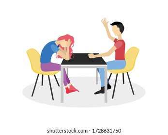 Vector illustration in flat style. Husband and wife swear sitting at the table. Family problems between partners. Family members are depressed. The girl is sad, and the guy swears at her and gestures.