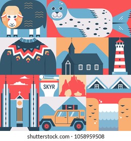 Vector illustration in flat style with Icelandic symbols. Sheep, seal, sweater, Budir black church, Akureyrarkirkja, skyr. Travel concept for posters, prints, postcards, banners, flayers.
