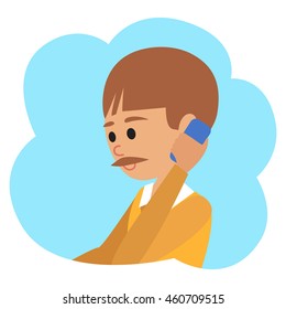 Vector illustration in flat style. Icon of young guy with phone in hand.