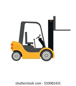 Vector illustration in a flat style icons cargo transportation goods by road trucks, loading and unloading of goods lift trucks, varieties forklifts.