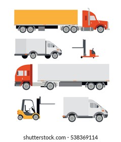 Vector illustration in a flat style icons cargo transportation goods by road trucks, loading and unloading of goods lift trucks, varieties forklifts