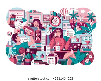 Vector illustration in a flat style illustrating the workflow. Office paraphernalia, business documents, equipment, papers, diagrams. Illustration for websites, applications, animations.