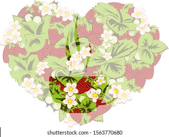 Vector illustration in flat style. Image of strawberry leaves flowers and berries in the shape of a heart on a white background.