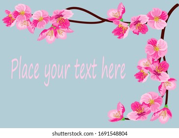 Vector illustration in flat style. Image of a flowering sakura branch.Card, background, slide. There is a place were you can insert your text.