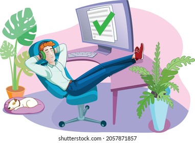 Vector illustration in flat style, the image of a resting person who has successfully completed a project, work day or deal.