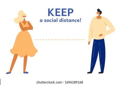 Vector illustration in flat style infographic on the topic of social distance during the coronavirus pandemic. People of different ages and genders keep their distance from each other. 