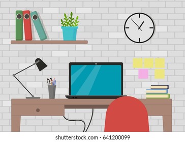 Vector illustration in flat style interior of working place with computer, lamp, to do list, monitor, organizer, shelf, books on brick wall background.