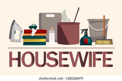 Vector illustration in a flat style. Iron, garments, pan, broom, bucket and other household items. Design concept of housekeeping and housewive. 