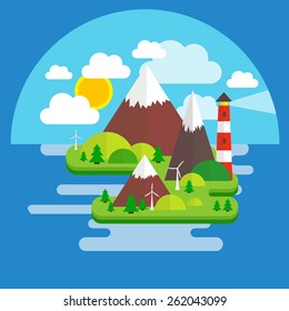 Vector illustration of a flat style island in the middle of the ocean with a lighthouse and clouds