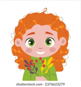 Ilustración vectorial en el aislamiento de estilo plano sobre fondo blanco, sonriente muchacha con pelo naranja rizado y ojos verdes con suéter verde, linda caricatura de chica, ilustración de otoño con hoja.