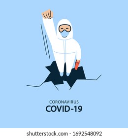 Vector illustration in flat style isolated on blue. Fight against novel coronavirus COVID-19. Doctor wearing white protective suit and mask. Stop corona virus. Concept. Poster, brochure template