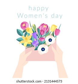 Vector illustration in a flat style isolated on a white background.Hands of a person holding a Bouquet of spring summer flowers inside an envelope Happy International Women's Day greeting card