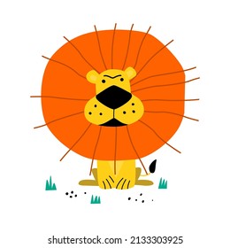 Vector illustration in a flat style. Isolated over white background. Lion on a white background with grass. The illustration is suitable for merch, children's clothing, postcards.
