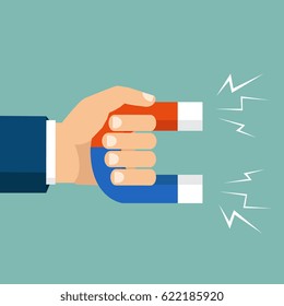 Vector illustration, flat style, isolated on background. Human hand holding a magnet. 