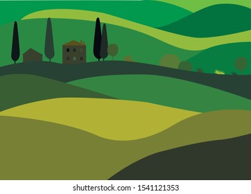 Vector illustration in flat style. Italian or Tuscan landscape. Houses and trees on light and dark green background for poster, card wallpaper. EPS 10.