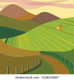 Vector illustration in a flat style. Italian or Tuscan landscape. House, field, vineyards and on a light and dark green background for poster, postcard, wallpaper. EPS 10.