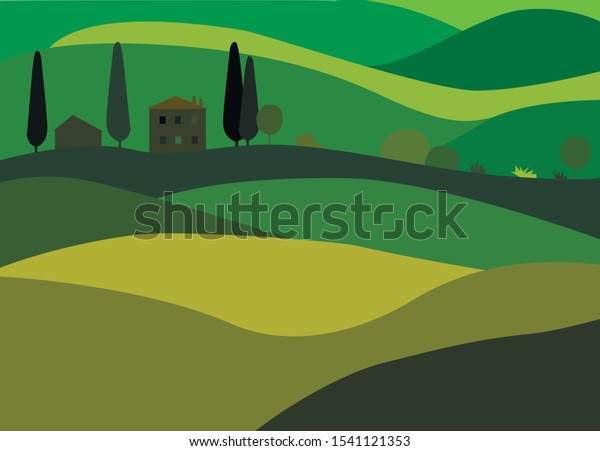 フラットスタイルのベクターイラスト イタリア語またはトスカンの風景 明るい緑と暗い緑の背景に家と木 ポスター カードの壁紙 Eps10 のベクター画像素材 ロイヤリティフリー