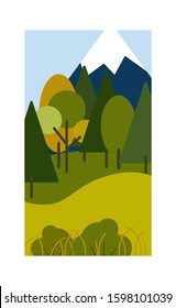 Vector illustration in a flat style. Landscape with mountains, trees with space for text. Background for postcards, posters and advertising