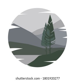 Vector illustration in flat style. Landscape with mountains, hills, lake and pine trees in circle.