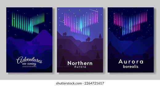 Vector illustration. Flat style landscape, aurora. Northern lights. 