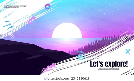Vector illustration, flat style landscape with overlay paint brush and scratches. Flat style design for banner, poster, wallpaper.