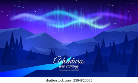 Vector illustration. Flat style landscape. Aurora borealis above mountains. Hills with river and forest. Beautiful starry sky.